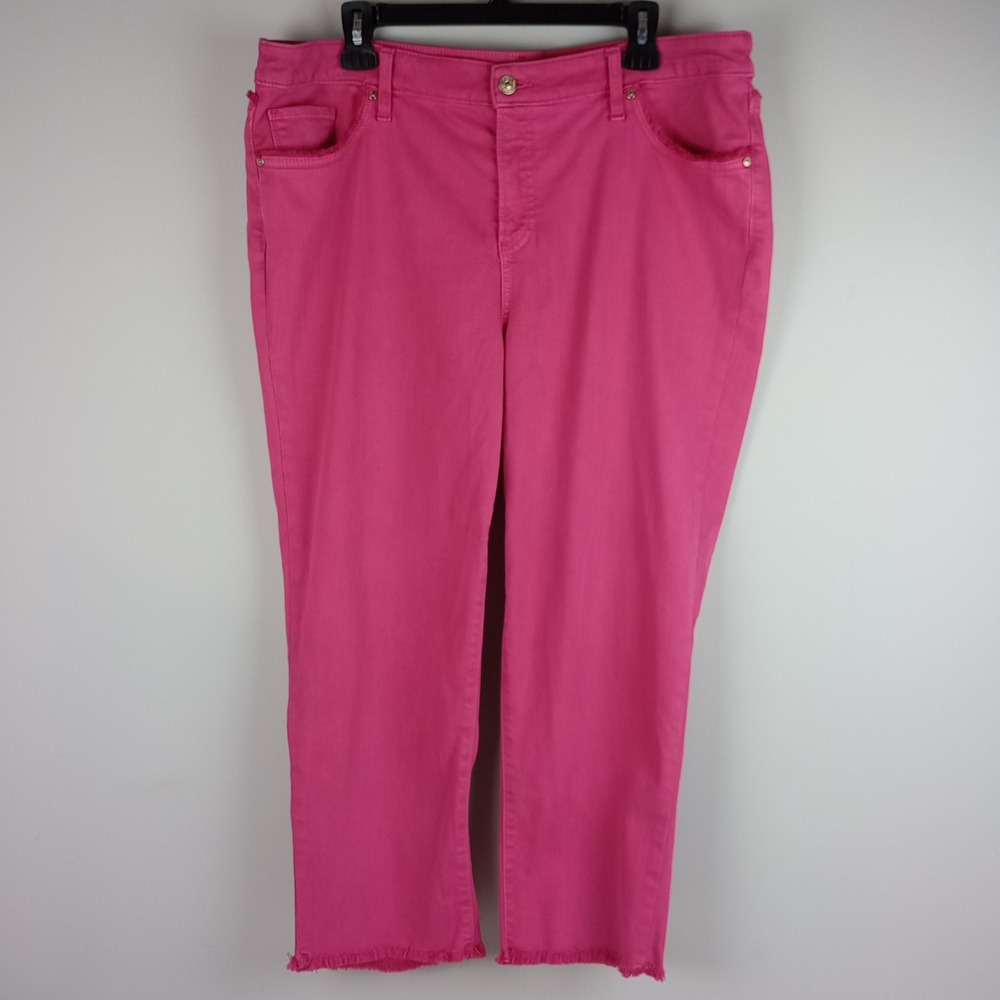 Chico's Womens 16 Pink Raw Hem Slimming Girlfriend Slim Leg Fringed Crop Jeans